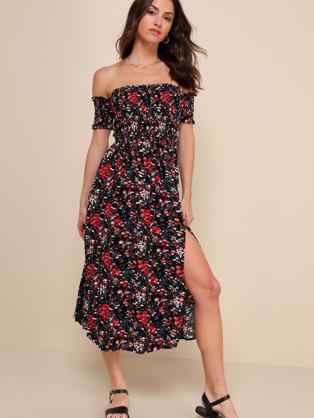 Lulus View from the Meadow Black Floral Print Off-the-Shoulder Dress